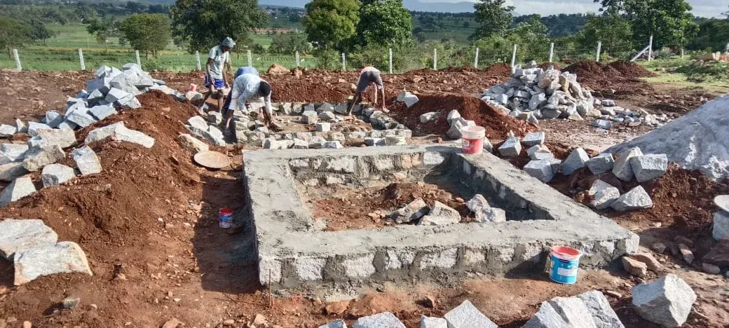 The completed stone foundation of the temple at Bargi